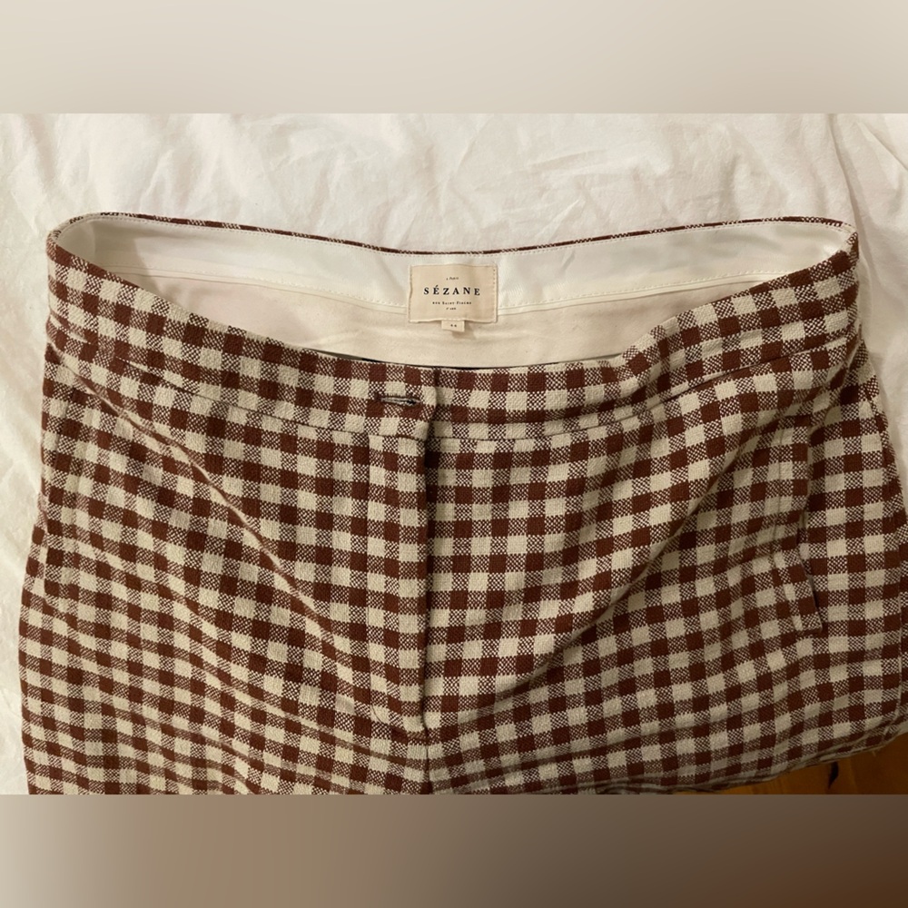 Sezane Brown and White Checkered Cropped Pants